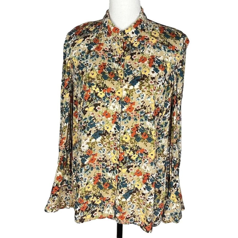 J. Jill Wheat Painterly Floral Button Up Shirt Size XS Blouse Bell Long‎ Sleeves